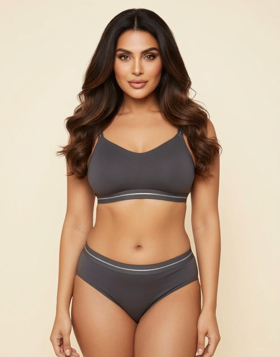 DOUBLE LAYERED COTTON WIREFREE BRA WITH MATCHING PANTY -GREY